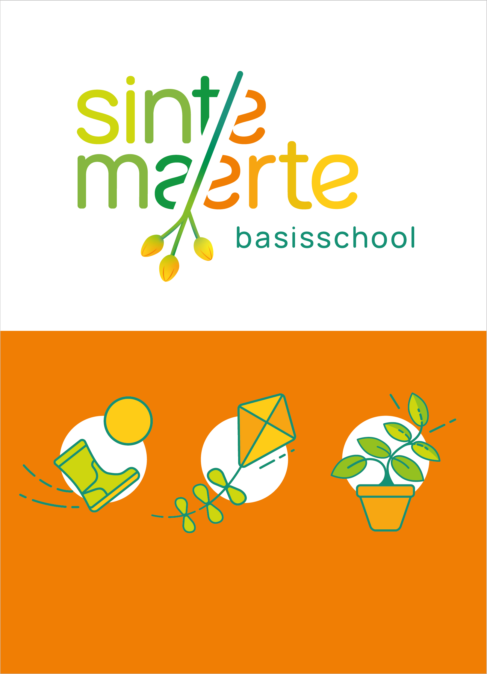 logo Sinte Maerte basisschool afgeronde letters, waarbij het logo doormidden is gedeeld door een lindebloesem. De t vorm een torentje. verwijzing naar het katholieke van KBS.